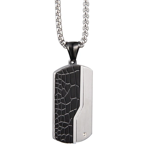 Detail showing asymmetric dog tag pendant with black crocodile texture and inlaid zircon
