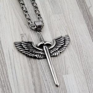 Gothic Stainless Steel Wing Sword Pendant Necklace Vintage Punk Antique Finish Men Women Jewelry Gift Pendant With Chain