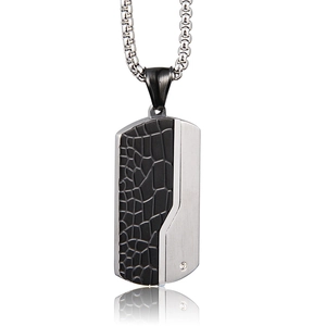 Men's two-tone dog tag necklace with black crocodile texture and brushed silver steel
