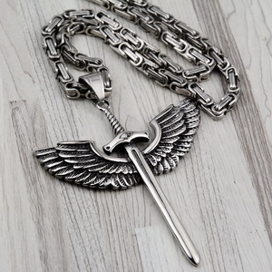 Gothic punk necklace featuring a sword and wings pendant with a Byzantine chain