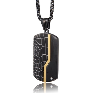 Men's black and gold military tag necklace with rhinestone and crocodile texture