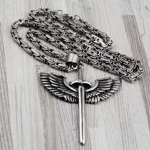 Gothic sword and wings pendant necklace in stainless steel with a Byzantine chain