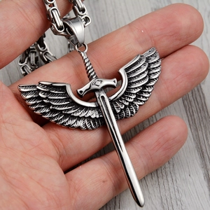 Men's gothic stainless steel wing sword pendant necklace with durable box chain
