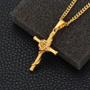Hip hop rose cross necklace in gold stainless steel with textured cross pendant