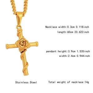 Golden stainless steel rose cross necklace with 60cm chain for hip hop jewelry style