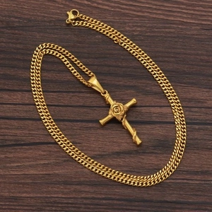 Golden stainless steel Cuban chain necklace featuring a vintage rose cross pendant