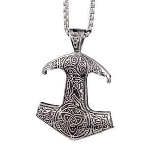Nordische Wikinger Mjölnir Halskette mit Keltenknoten an einer polierten Stahlkette