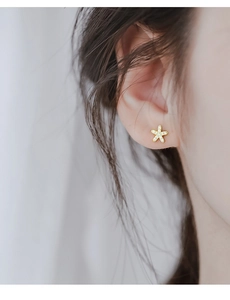 Gros plan d'une boucle d'oreille étoile dorée minimaliste sertie de zircons sur l'oreille