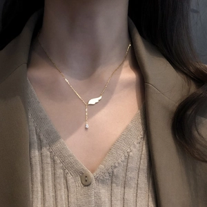 Élégant Collier en Cuivre Avec Pendentif Aile d'Ange Incrustation de Nacre Et Zircon Goutte d'Eau Chaîne en Y pour Femme Bijou Cadeau