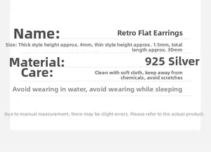 Size chart for 925 sterling silver ear clip showing dimensions and maintenance tips