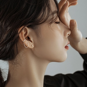 Minimalist 925 sterling silver ear cuff set with thin chain and ball stud earrings