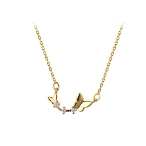 Elegant gold butterfly necklace with dual layered pendants and three cubic zirconia stones