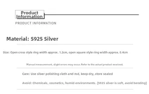 Detailed S925 silver ring specifications showing 1.2cm and 0.4cm width and care guide