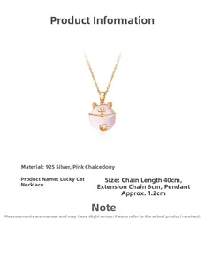 Detail view of S925 silver lucky cat pendant with pink chalcedony in rose gold finish
