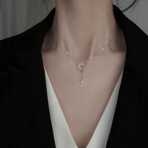 Minimalist Copper Rhinestone Circle Tassel Pendant Necklace For Women Silver Plated Korean Style Fashion Jewelry Chain Gift