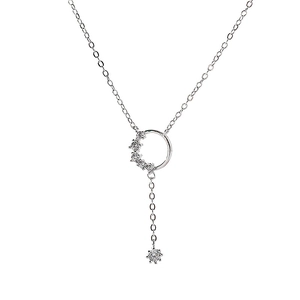 Elegant silver circle tassel necklace with sparkling zircons on white background