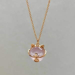 Minimalist Lucky Cat Pendant Necklace Rose Gold Plated Copper Pink Chalcedony Cute Animal Charm Clavicle Chain Jewelry For Women Gift