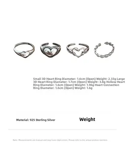 Size chart for 925 sterling silver heart rings including diameter and weight specs