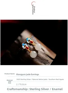 Macro view of S925 silver Hetian jade earrings with blue enamel cloud and red agate bead