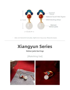 Detail view of 925 silver Hetian jade cloud earrings with size dimensions 21x8mm