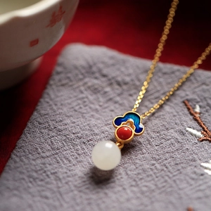 Collana con pendente in giada Hetian argento 925 con smalto blu e catena dorata