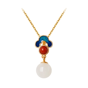 Collana con pendente in argento 925 dorato con giada Hetian e smalto in stile vintage cinese