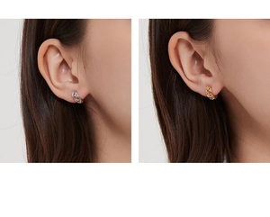Détail des boucles d'oreilles en argent S925 avec maillage doré et argenté