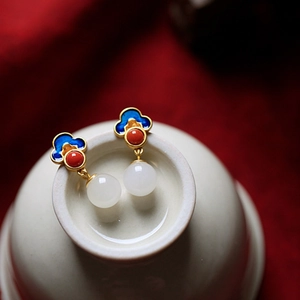 Chinese Vintage Enamel Auspicious Cloud Dangle Earrings With Imitation Jade Round Bead Gold Plated Copper Jewelry For Women