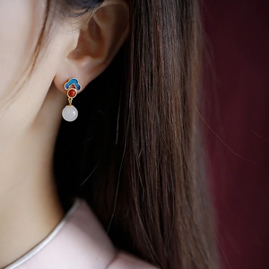Retro 925 sterling silver jade earrings with gold-plated clouds and blue enamel accents