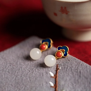 Retro 925 sterling silver gold-plated Hetian jade earrings with blue enamel cloud pattern