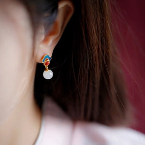 925 silver Hetian jade earrings with blue enamel auspicious clouds in vintage style