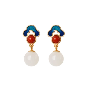 Vintage 925 silver Hetian jade earrings with gold-plated clouds and red agate beads