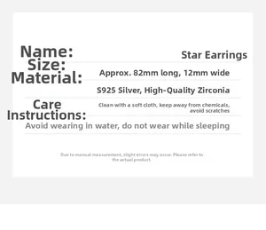 Detailed size specifications for S925 silver star tassel earrings with maintenance tips
