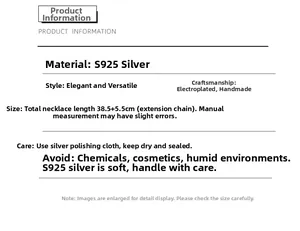 Detailed spec sheet for S925 silver necklace showing dimensions and care instructions