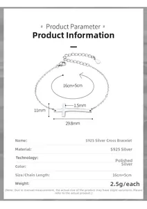 Vista tecnica del bracciale a croce in argento S925 con dimensioni di 29,8mm x 11mm
