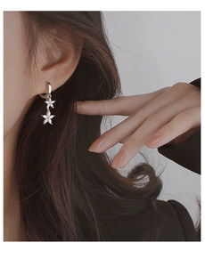 Gros plan de boucles d'oreilles fleurs en argent avec cristaux de zircon sur un mannequin