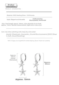 Détails des boucles d'oreilles étoiles en argent S925 avec dimensions et zircons incrustés
