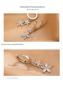Gros plan du poinçon S925 et boucles d'oreilles fleurs en zircon sur fond de soie