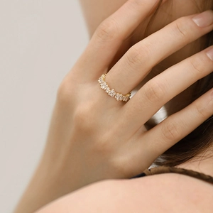 Minimalist Luxury Gold Plated Copper Ring With Baguette Cut Zirconia Adjustable Opening Finger Ring For Women Party Jewelry