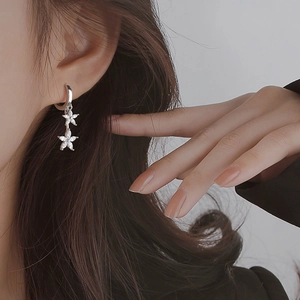 Boucles d'Oreilles Créoles Double Fleur Avec Tige En Argent Sterling 925 Zirconium Marquise Florales Argentées Pour Femme