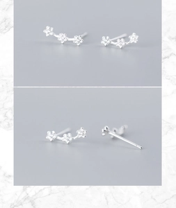 Detailansicht S925 Silber-Ohrstecker mit drei kleinen Blumen und winzigen Zirkonia-Steinen