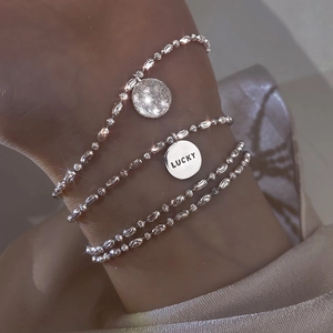 S925 Sterling Silver Multilayer Beaded Bracelet For Women Lucky Engraved Tag Rhinestone Inlaid Minimalist Jewelry Fashion Gift