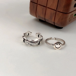 Vintage silver-tone smile face chain rings set with keep smiles engraved design