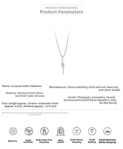 Detailed view of S925 silver vertical bar necklace with cubic zirconia inlay specs