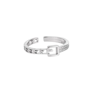 Bague ajustable en argent S925 style boucle de ceinture avec zircons et motif en G