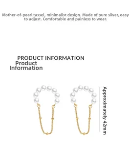 Detailed macro view of S925 sterling silver pearl tassel ear cuffs measuring 42mm in length