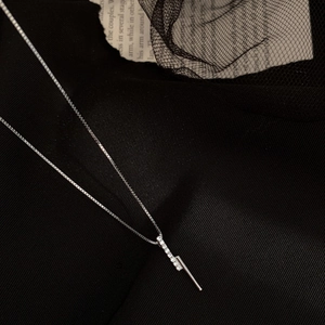 Elegant S925 sterling silver bar necklace with micro-pave zircons on black silk