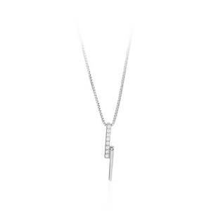 Minimalist S925 silver vertical bar necklace with white cubic zirconia stones on white background