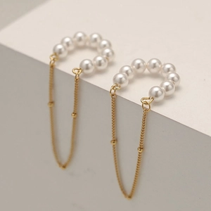 Vintage Artificial Pearl Tassel Ear Cuff Clip On Earrings Copper Gold Plated Long Chain Drop Shell Artificial Pearl Earring For Women Jewelry