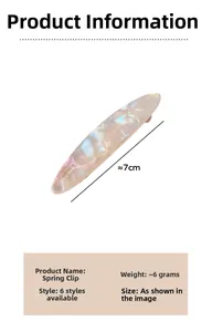 Detail view of pearlescent acetate spring hair clip measuring 7cm with handmade engraving